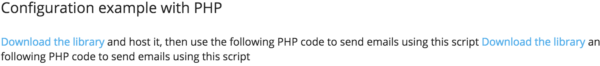 Transactional Email Service Send In Blue screenshot of PHP library links