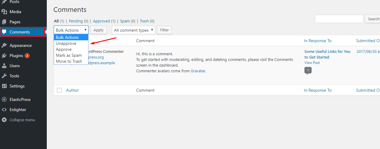 options in the WordPress dashboard for managing comments