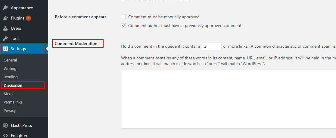 Discussion and Comment Moderation settings in the WordPress dashboard