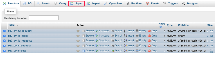 Export option for database