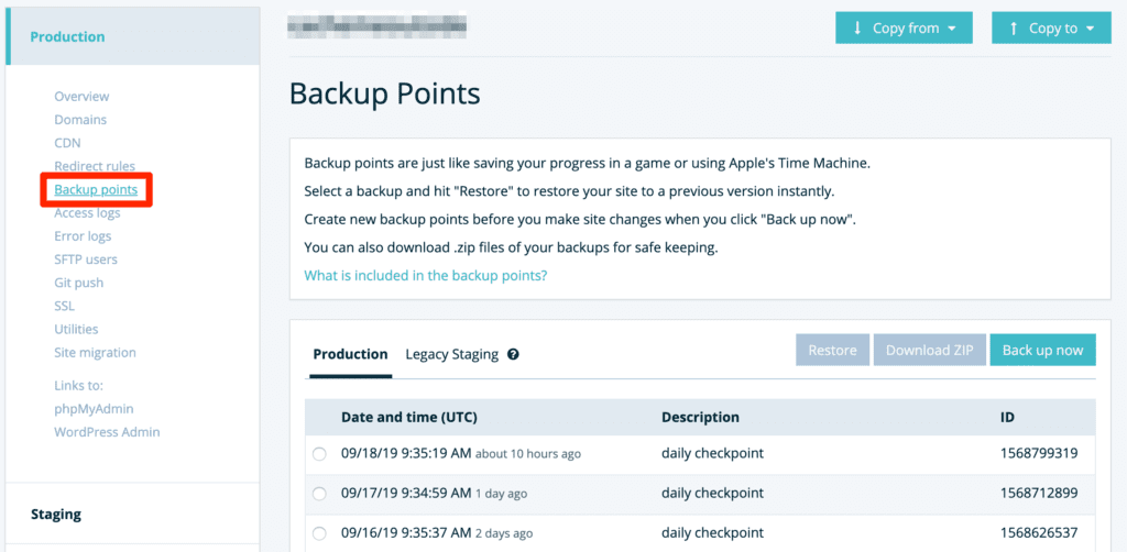 Backup Points on the WP Engine dashboard