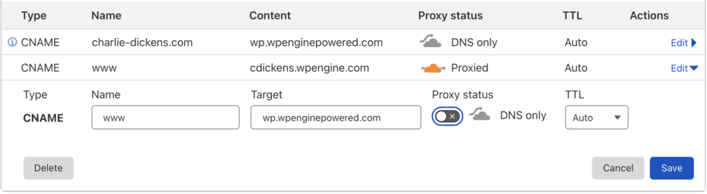 updating DNS records for WP Engine Advanced Network