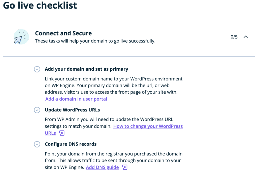 site setup checklist at WP Engine
