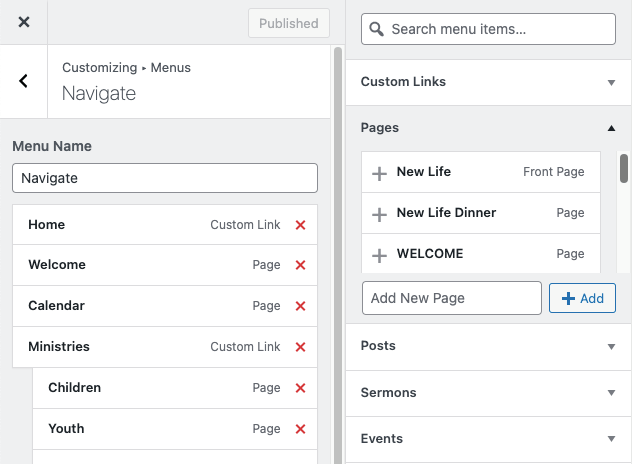 Screenshot of menu customizer with custom post types