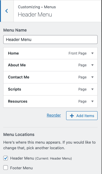 Screenshot of menu customizer