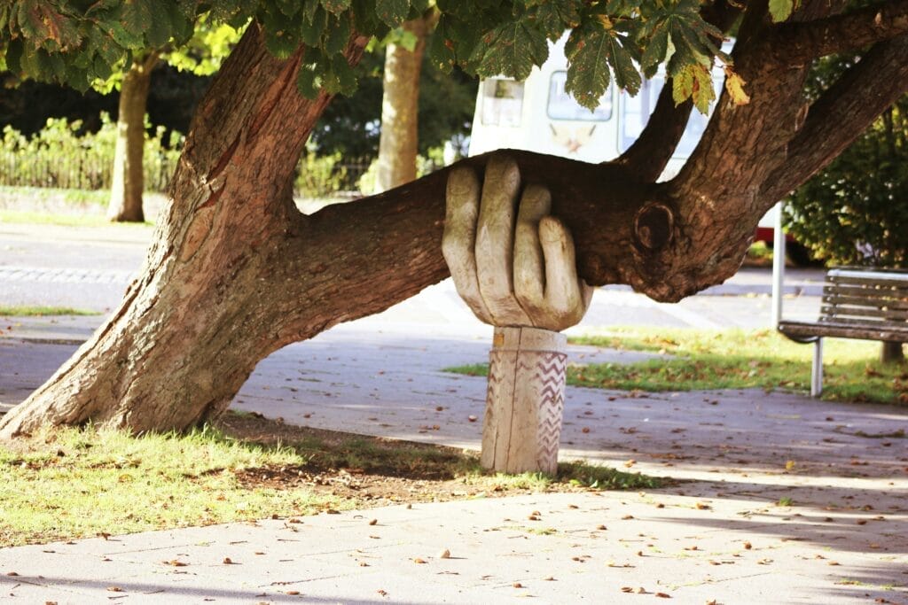 wooden pillar in the shape of a hand holding up a tree limb
